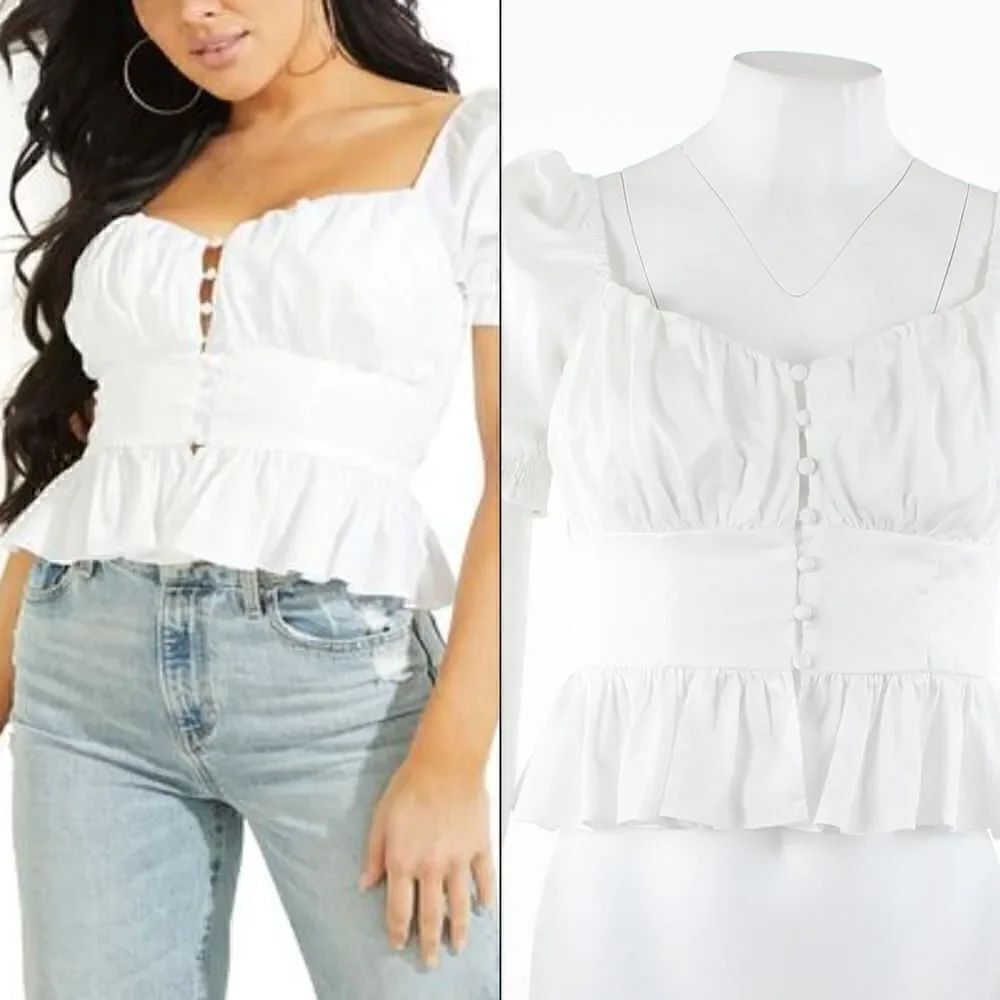 GUESS Womens Sweetheart-Neck Peplum Pure White
